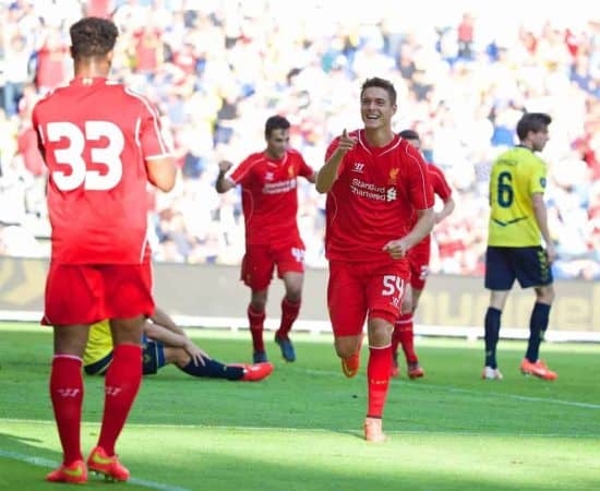 COPENHAGEN, DENMARK - Wednesday, July 16, 2014: Liverpool's Kristoffer Pieterson celebrates scoring the first goal against Brondby IF during a preseason friendly match at Brøndby Stadion. (Pic by David Rawcliffe/Propaganda)