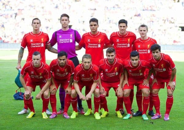 COPENHAGEN, DENMARK - Wednesday, July 16, 2014: Liverpool's players line up for a team group photograph before a preseason friendly match against Brøndby IF at Brøndby Stadion. Back row L-R: Daniel Agger, goalkeeper Brad Jones, Tiago Ilori, Martin Kelly, Jordan Rossiter. Front row L-R: Brad Smith, 'Suso' Jesus Joaquin Fernandez Saenz De La Torre, Lucas Leiva, Fabio Borini, Philippe Coutinho Correia, Joao Carlos Teixeira. (Pic by David Rawcliffe/Propaganda)