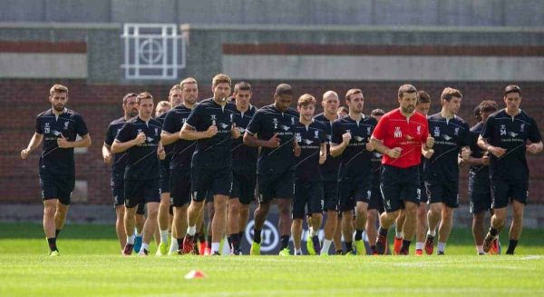 HARVARD, USA - Monday, July 21, 2014: Liverpool's captain Steven Gerrard leads his players during a preseason training session at the Harvard Stadium in Boston on day one of their USA Tour. (Pic by David Rawcliffe/Propaganda)