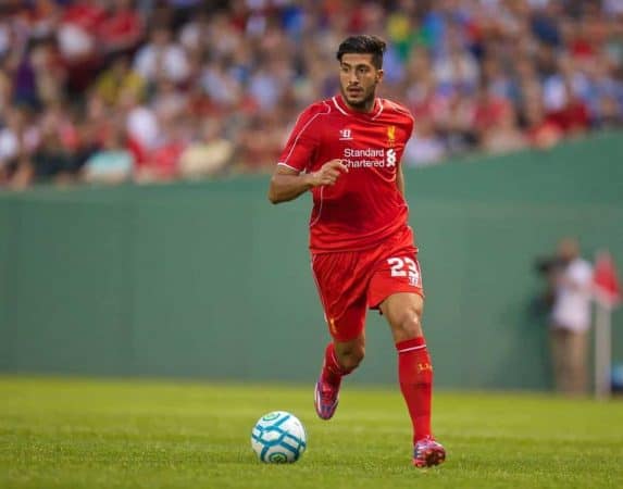 BOSTON, USA - Wednesday, July 23, 2014: Liverpool's Emre Can in action against AS Roma at Fenway Park on day three of the club's USA Tour. (Pic by David Rawcliffe/Propaganda)