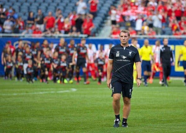 CHICAGO, USA - Sunday, July 27, 2014: Liverpool's manager Brendan Rodgers during the International Champions Cup Group B match against Olympiacos at the Soldier Field Stadium on day seven of the club's USA Tour. (Pic by David Rawcliffe/Propaganda)