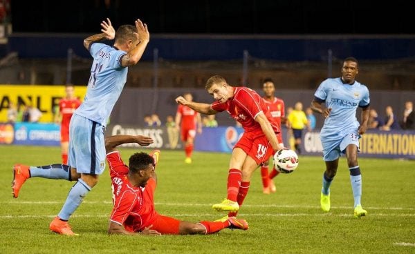 NEW YORK, USA - Wednesday, July 30, 2014: Liverpool's Jordan Henderson scores the first goal against Manchester City during the International Champions Cup Group B match at the Yankee Stadium on day ten of the club's USA Tour. (Pic by David Rawcliffe/Propaganda)