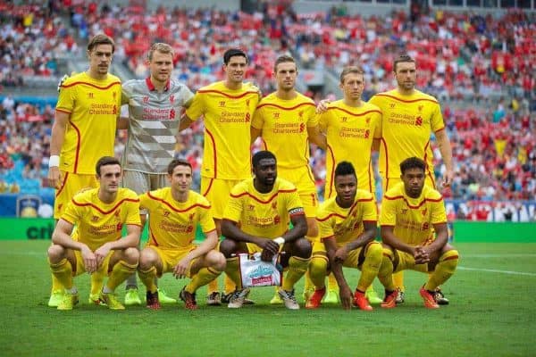 CHARLOTTE, USA - Saturday, August 2, 2014: Liverpool's players line up for a team group photograph before the International Champions Cup Group B match against AC Milan at the Bank of America Stadium on day thirteen of the club's USA Tour. Back row L-R: Sebastian Coates, goalkeeper Simon Mignolet, Martin Kelly, Jordan Henderson, Lucas Leiva, Rickie Lambert. Front row L-R: Jack Robinson, Joe Allen, Kolo Toure, Raheem Sterling, Jordon Ibe. (Pic by David Rawcliffe/Propaganda)