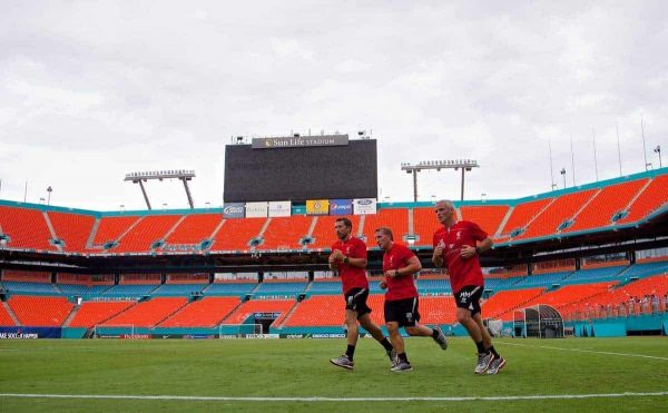 MIAMI, USA - Sunday, August 3, 2014: Liverpool's manager Brendan Rodgers training with head of fitness and science Ryland Morgans and first team coach Mike Marsh at the SunLife Stadium in Miami ahead of the International Champions Cup Final match against Manchester United on day fourteen of the club's USA Tour. (Pic by David Rawcliffe/Propaganda)