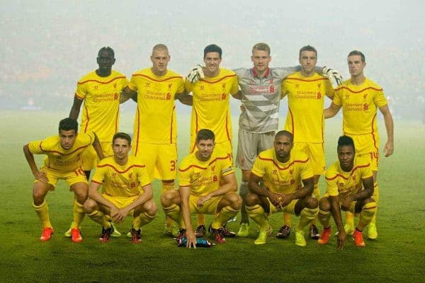 MIAMI, USA - Monday, August 4, 2014: Liverpool's players line up for a team group photograph before the International Champions Cup Final match against Manchester United at the SunLife Stadium on day fifteen of the club's USA Tour. Back row L-R: Mamadou Sakho, Martin Skrtel, Martin Kelly, goalkeeper Simon Mignolet, Rickie Lambert, Jordan Henderson. Front row L-R: Philippe Coutinho Correia, Joe Allen, captain Steven Gerrard, Jose Enrique, Raheem Sterling. (Pic by David Rawcliffe/Propaganda)