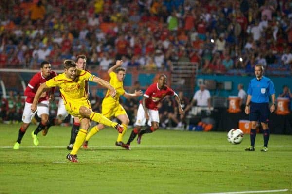 MIAMI, USA - Monday, August 4, 2014: Liverpool's captain Steven Gerrard scores the first goal against Manchester United from the penalty spot during the International Champions Cup Final match at the SunLife Stadium on day fifteen of the club's USA Tour. (Pic by David Rawcliffe/Propaganda)