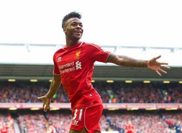 LIVERPOOL, ENGLAND - Sunday, August 17, 2014: Liverpool's Raheem Sterling celebrates scoring the first goal against Southampton during the Premier League match at Anfield. (Pic by David Rawcliffe/Propaganda)