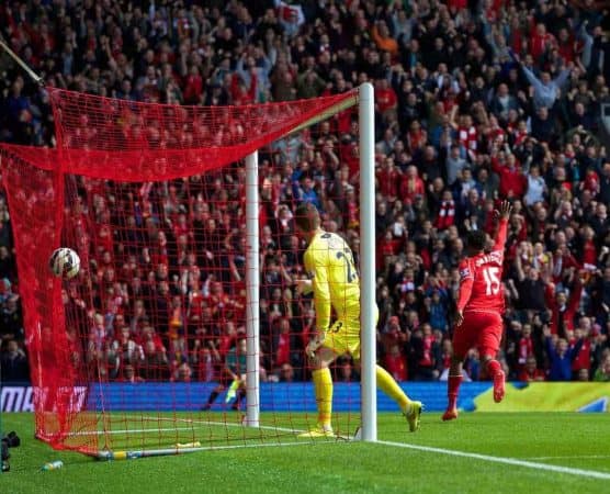 LIVERPOOL, ENGLAND - Sunday, August 17, 2014: Liverpool's Daniel Sturridge celebrates scoring the second goal against Southampton during the Premier League match at Anfield. (Pic by David Rawcliffe/Propaganda)