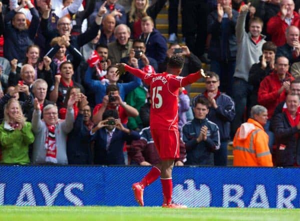 LIVERPOOL, ENGLAND - Sunday, August 17, 2014: Liverpool's Daniel Sturridge celebrates scoring the second goal against Southampton during the Premier League match at Anfield. (Pic by David Rawcliffe/Propaganda)