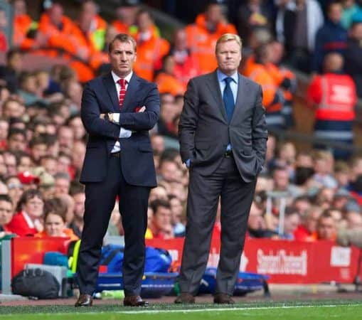 LIVERPOOL, ENGLAND - Sunday, August 17, 2014: Liverpool's manager Brendan Rodgers and Southampton's manager Ronald Koeman during the Premier League match at Anfield. (Pic by David Rawcliffe/Propaganda)