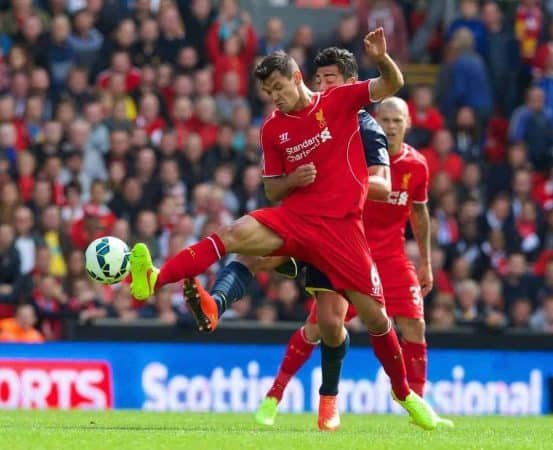 LIVERPOOL, ENGLAND - Sunday, August 17, 2014: Liverpool's Dejan Lovren in action against Southampton during the Premier League match at Anfield. (Pic by David Rawcliffe/Propaganda)