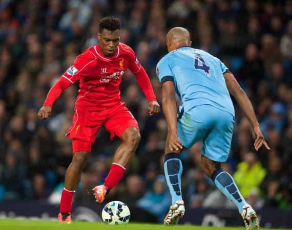 MANCHESTER, ENGLAND - Monday, August 25, 2014: Liverpool's Daniel Sturridge in action against Manchester City during the Premier League match at the City of Manchester Stadium. (Pic by David Rawcliffe/Propaganda)