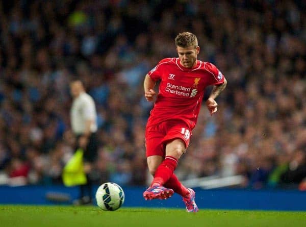 MANCHESTER, ENGLAND - Monday, August 25, 2014: Liverpool's Alberto Moreno in action against Manchester City during the Premier League match at the City of Manchester Stadium. (Pic by David Rawcliffe/Propaganda)