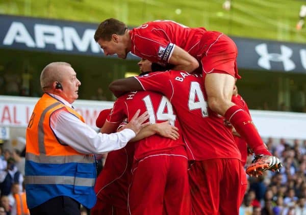 LONDON, ENGLAND - Sunday, August 31, 2014: Liverpool's Alberto Moreno celebrates scoring the third goal against Tottenham Hotspur during the Premier League match at White Hart Lane. (Pic by David Rawcliffe/Propaganda)