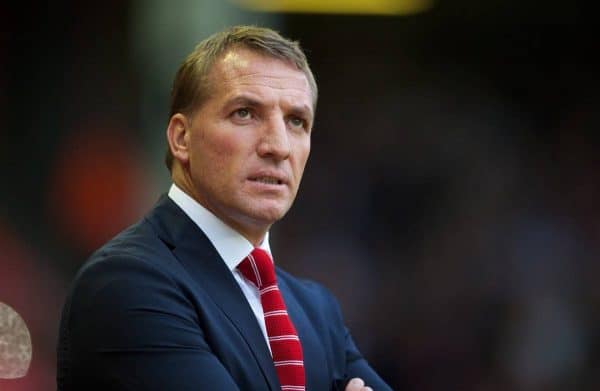 LIVERPOOL, ENGLAND - Saturday, September 13, 2014: Liverpool's manager Brendan Rodgers against Aston Villa during the Premier League match at Anfield. (Pic by David Rawcliffe/Propaganda)