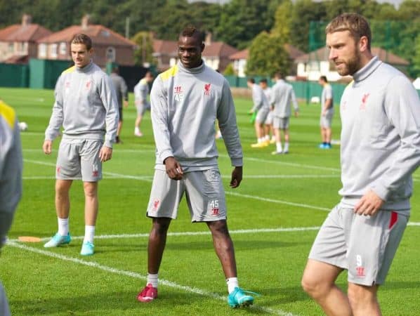 LIVERPOOL, ENGLAND - Monday, September 15, 2014: Liverpool's Mario Balotelli during training at Melwood ahead of their opening UEFA Champions League Group B match against PFC Ludogorets Razgrad. (Pic by David Rawcliffe/Propaganda)