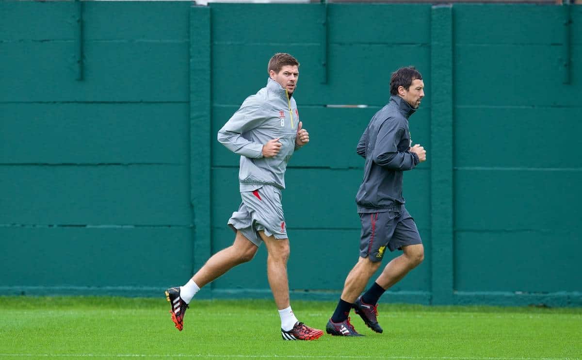 LIVERPOOL, ENGLAND - Monday, September 15, 2014: Liverpool's captain Steven Gerrard during training at Melwood ahead of their opening UEFA Champions League Group B match against PFC Ludogorets Razgrad. (Pic by David Rawcliffe/Propaganda)