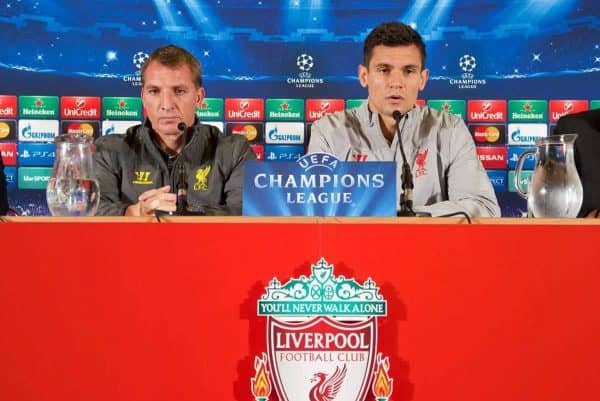 LIVERPOOL, ENGLAND - Monday, September 15, 2014: Liverpool's manager Brendan Rodgers and Dejan Lovren during a press conference at Anfield ahead of their opening UEFA Champions League Group B match against PFC Ludogorets Razgrad. (Pic by David Rawcliffe/Propaganda)