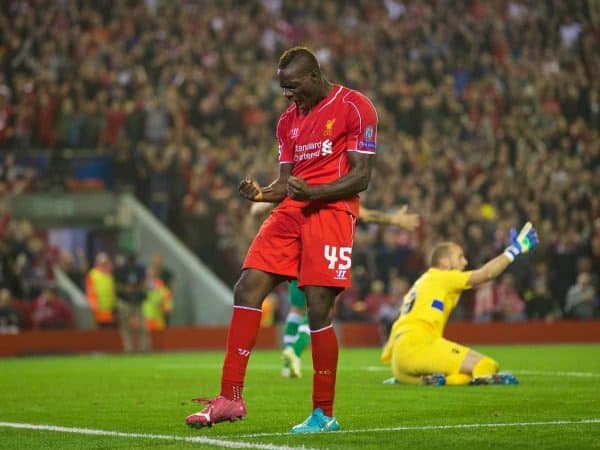 LIVERPOOL, ENGLAND - Tuesday, September 16, 2014: Liverpool's Mario Balotelli scores the first goal against PFC Ludogorets Razgrad during the UEFA Champions League Group B match at Anfield. (Pic by David Rawcliffe/Propaganda)