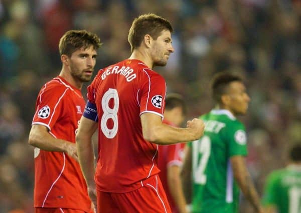 LIVERPOOL, ENGLAND - Tuesday, September 16, 2014: Liverpool's captain Steven Gerrard celebrates scoring the second goal after his injury time penalty sealed a 2-1 victory over PFC Ludogorets Razgrad during the UEFA Champions League Group B match at Anfield. (Pic by David Rawcliffe/Propaganda)