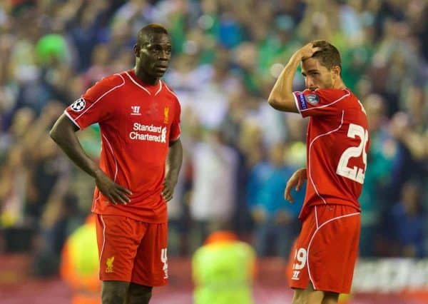 LIVERPOOL, ENGLAND - Tuesday, September 16, 2014: Liverpool's Mario Balotelli and Fabio Borini looks dejected as PFC Ludogorets Razgrad score a late equalising goal during the UEFA Champions League Group B match at Anfield. (Pic by David Rawcliffe/Propaganda)