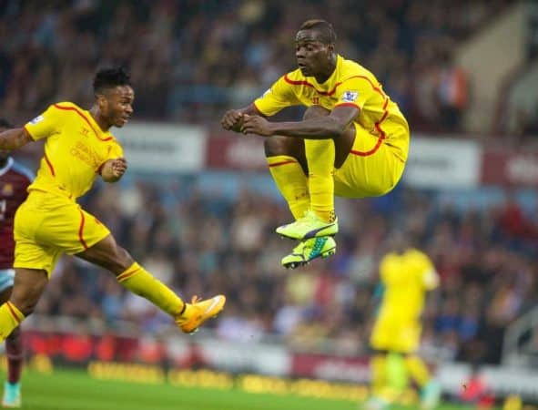 LONDON, ENGLAND - Saturday, September 20, 2014: Liverpool's Raheem Sterling celebrates scoring the first goal against West Ham United during the Premier League match at Upton Park. (Pic by David Rawcliffe/Propaganda)