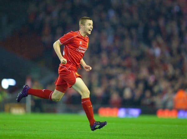 LIVERPOOL, ENGLAND - Tuesday, September 23, 2014: Liverpool's Jordan Rossiter celebrates scoring the first goal against Middlesbrough on his debut during the Football League Cup 3rd Round match at Anfield. (Pic by David Rawcliffe/Propaganda)