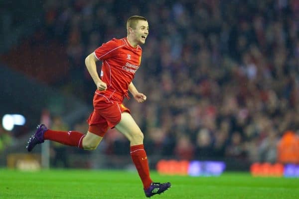 LIVERPOOL, ENGLAND - Tuesday, September 23, 2014: Liverpool's Jordan Rossiter celebrates scoring the first goal against Middlesbrough on his debut during the Football League Cup 3rd Round match at Anfield. (Pic by David Rawcliffe/Propaganda)