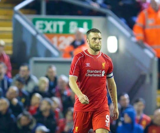 LIVERPOOL, ENGLAND - Tuesday, September 23, 2014: Heading for an exit? Liverpool's Rickie Lambert looks dejected as Middlesbrough score an equalising goal during the Football League Cup 3rd Round match at Anfield. (Pic by David Rawcliffe/Propaganda)