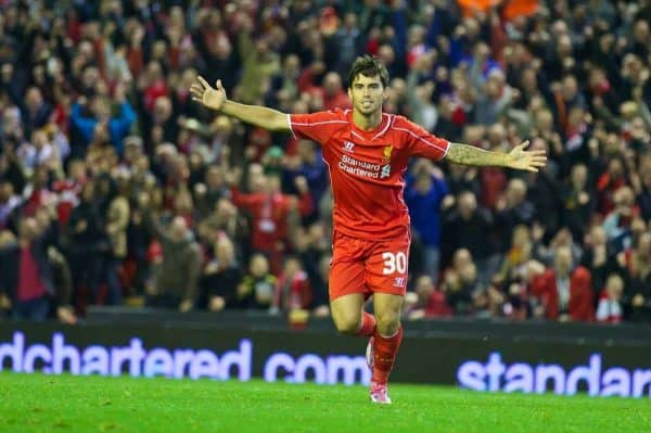 LIVERPOOL, ENGLAND - Tuesday, September 23, 2014: Liverpool's 'Suso' Jesus Joaquin Fernandez Saenz De La Torre celebrates scoring the second goal against Middlesbrough during the Football League Cup 3rd Round match at Anfield. (Pic by David Rawcliffe/Propaganda)