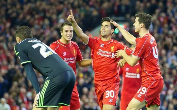 LIVERPOOL, ENGLAND - Tuesday, September 23, 2014: Liverpool's 'Suso' Jesus Joaquin Fernandez Saenz De La Torre celebrates scoring the second goal against Middlesbrough during the Football League Cup 3rd Round match at Anfield. (Pic by David Rawcliffe/Propaganda)