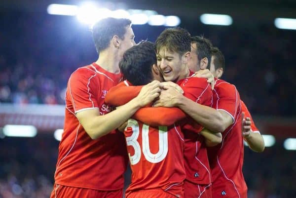 LIVERPOOL, ENGLAND - Tuesday, September 23, 2014: Liverpool's 'Suso' Jesus Joaquin Fernandez Saenz De La Torre celebrates scoring the second goal against Middlesbrough during the Football League Cup 3rd Round match at Anfield. (Pic by David Rawcliffe/Propaganda)