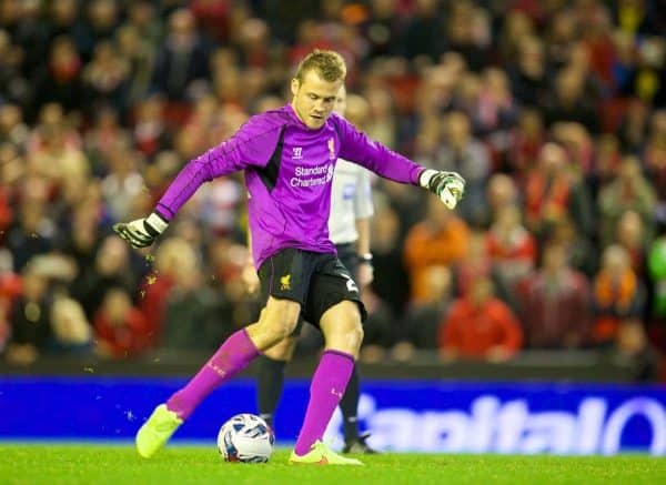 LIVERPOOL, ENGLAND - Tuesday, September 23, 2014: Liverpool's goalkeeper Simon Mignolet scores a penalty in the shoot-out against Middlesbrough during the Football League Cup 3rd Round match at Anfield. (Pic by David Rawcliffe/Propaganda)