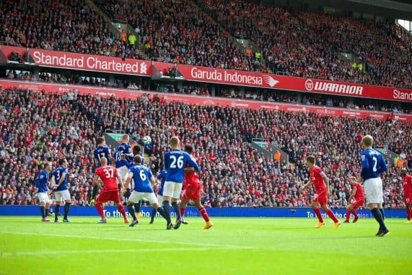 LIVERPOOL, ENGLAND - Friday, September 26, 2014: Liverpool's captain Steven Gerrard scores the first goal against Everton during the Premier League match at Anfield. (Pic by David Rawcliffe/Propaganda)