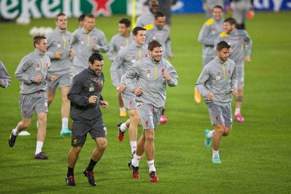 BASEL, SWITZERLAND - Tuesday, September 30, 2014: Liverpool's captain Steven Gerrard during a training session at the St. Jakob Stadium ahead of the UEFA Champions League Group B match against FC Basel. (Pic by David Rawcliffe/Propaganda)