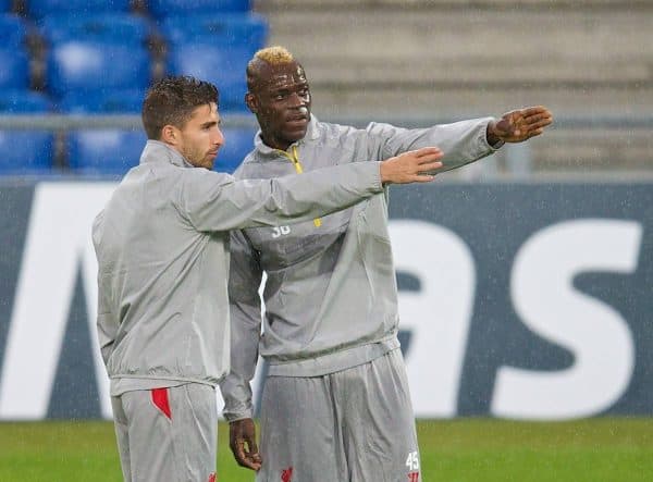 BASEL, SWITZERLAND - Tuesday, September 30, 2014: Liverpool's Mario Balotelli and Fabio Borini during a training session at the St. Jakob Stadium ahead of the UEFA Champions League Group B match against FC Basel. (Pic by David Rawcliffe/Propaganda)