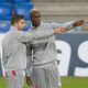 BASEL, SWITZERLAND - Tuesday, September 30, 2014: Liverpool's Mario Balotelli and Fabio Borini during a training session at the St. Jakob Stadium ahead of the UEFA Champions League Group B match against FC Basel. (Pic by David Rawcliffe/Propaganda)