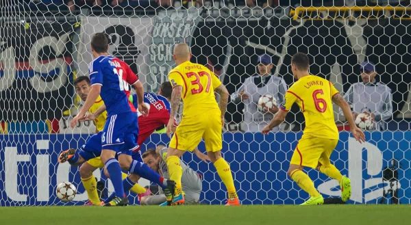 BASEL, SWITZERLAND - Wednesday, October 1, 2014: FC Basel's Marco Streller scores the first goal against Liverpool during the UEFA Champions League Group B match at the St. Jakob-Park Stadium. (Pic by David Rawcliffe/Propaganda)