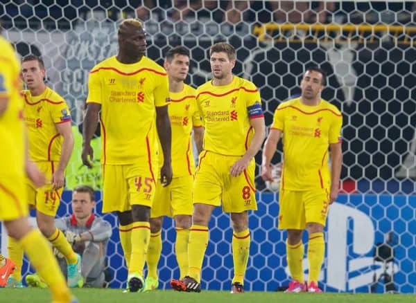 BASEL, SWITZERLAND - Wednesday, October 1, 2014: Liverpool's captain Steven Gerrard looks dejected as FC Basel score the opening goal during the UEFA Champions League Group B match at the St. Jakob-Park Stadium. (Pic by David Rawcliffe/Propaganda)