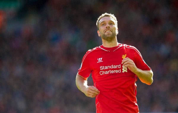 LIVERPOOL, ENGLAND - Saturday, October 4, 2014: Liverpool's Rickie Lambert in action against West Bromwich Albion during the Premier League match at Anfield. (Pic by David Rawcliffe/Propaganda)