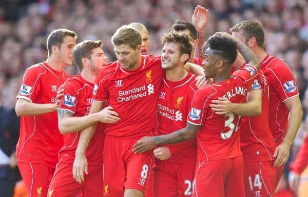 LIVERPOOL, ENGLAND - Saturday, October 4, 2014: Liverpool's Adam Lallana scores the first goal against West Bromwich Albion during the Premier League match at Anfield. (Pic by David Rawcliffe/Propaganda)