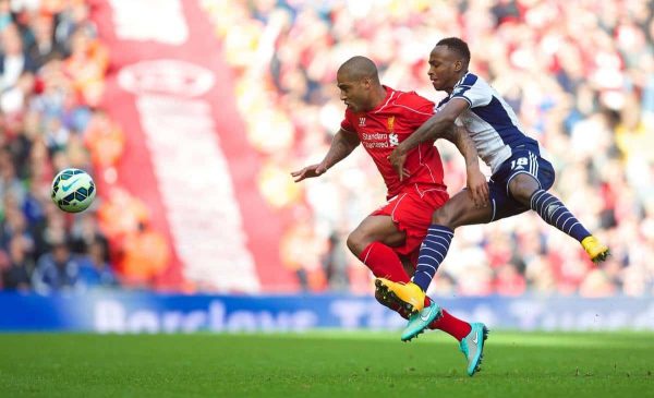 Saido `Berahino LIVERPOOL, ENGLAND - Saturday, October 4, 2014: Liverpool's Glen Johnson in action against West Bromwich Albion during the Premier League match at Anfield. (Pic by David Rawcliffe/Propaganda)