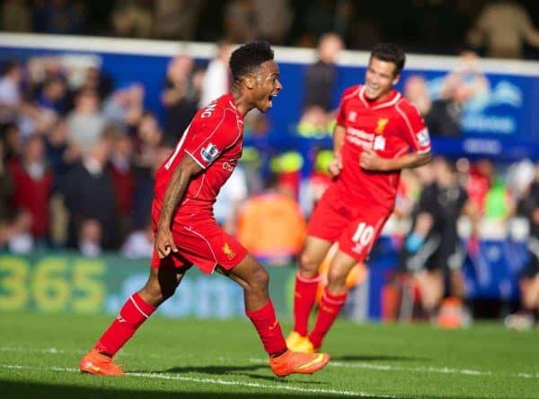 LONDON, ENGLAND - Sunday, October 19, 2014: Liverpool's Raheem Sterling celebrates scoring the third winning goal against Queens Park Rangers during the Premier League match at Loftus Road. (Pic by David Rawcliffe/Propaganda)