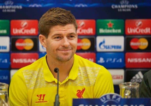 LIVERPOOL, ENGLAND - Tuesday, October 21, 2014: Liverpool's captain Steven Gerrard during a press conference ahead of the UEFA Champions League Group B match against Real Madrid at Anfield. (Pic by David Rawcliffe/Propaganda)