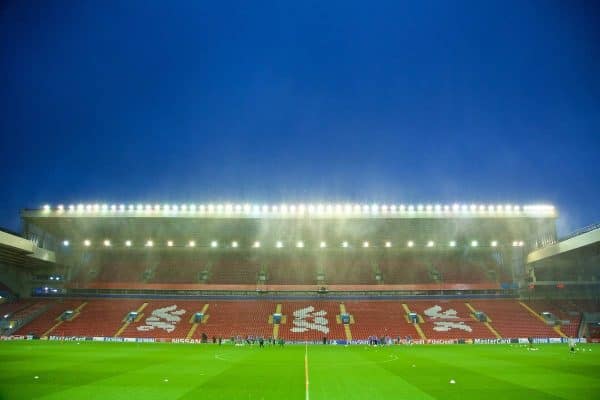 LIVERPOOL, ENGLAND - Tuesday, October 21, 2014: Heavy rain, the remnants of Hurricane Gonzola, pours down as Liverpool players train ahead of the UEFA Champions League Group B match against Real Madrid at Anfield. (Pic by David Rawcliffe/Propaganda)