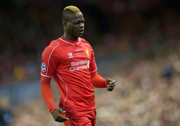 LIVERPOOL, ENGLAND - Wednesday, October 22, 2014: Liverpool's Mario Balotelli in action against Real Madrid CF during the UEFA Champions League Group B match at Anfield. (Pic by David Rawcliffe/Propaganda)