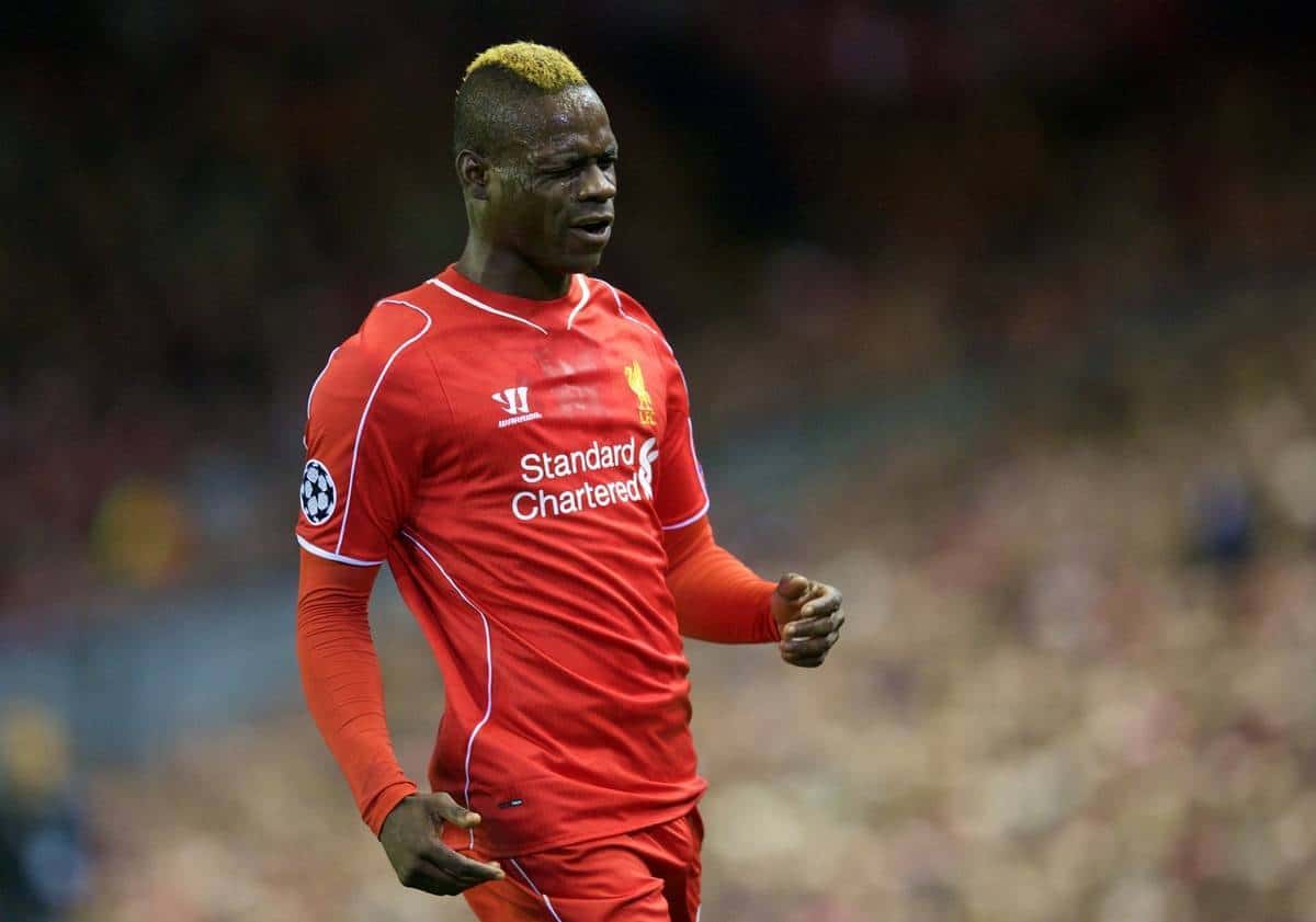 LIVERPOOL, ENGLAND - Wednesday, October 22, 2014: Liverpool's Mario Balotelli in action against Real Madrid CF during the UEFA Champions League Group B match at Anfield. (Pic by David Rawcliffe/Propaganda)