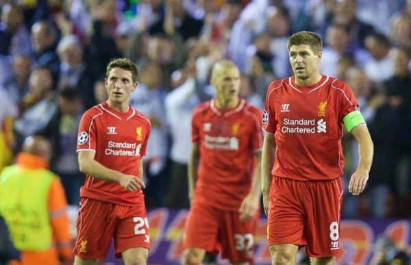 LIVERPOOL, ENGLAND - Wednesday, October 22, 2014: Liverpool's captain Steven Gerrard looks dejected as Real Madrid CF score the second goal during the UEFA Champions League Group B match at Anfield. (Pic by David Rawcliffe/Propaganda)