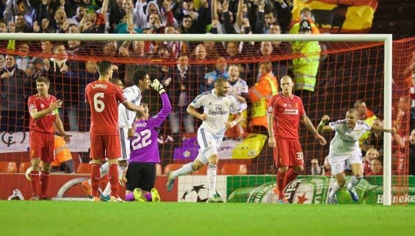 LIVERPOOL, ENGLAND - Wednesday, October 22, 2014: Real Madrid CF's Karim Benzema celebrates scoring the third goal against Liverpool during the UEFA Champions League Group B match at Anfield. (Pic by David Rawcliffe/Propaganda)