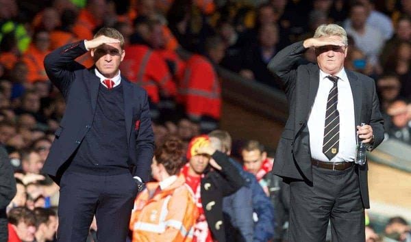 LIVERPOOL, ENGLAND - Saturday, October 25, 2014: Liverpool's manager Brendan Rodgers and Hull City's manager Steve Bruce during the Premier League match at Anfield. (Pic by David Rawcliffe/Propaganda)